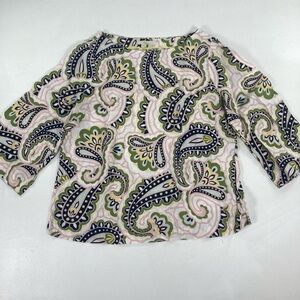 Boden Linen Paisley Print 3/4 Sleeve Boat Neck Blouse Womens Size US 12 Bohemian